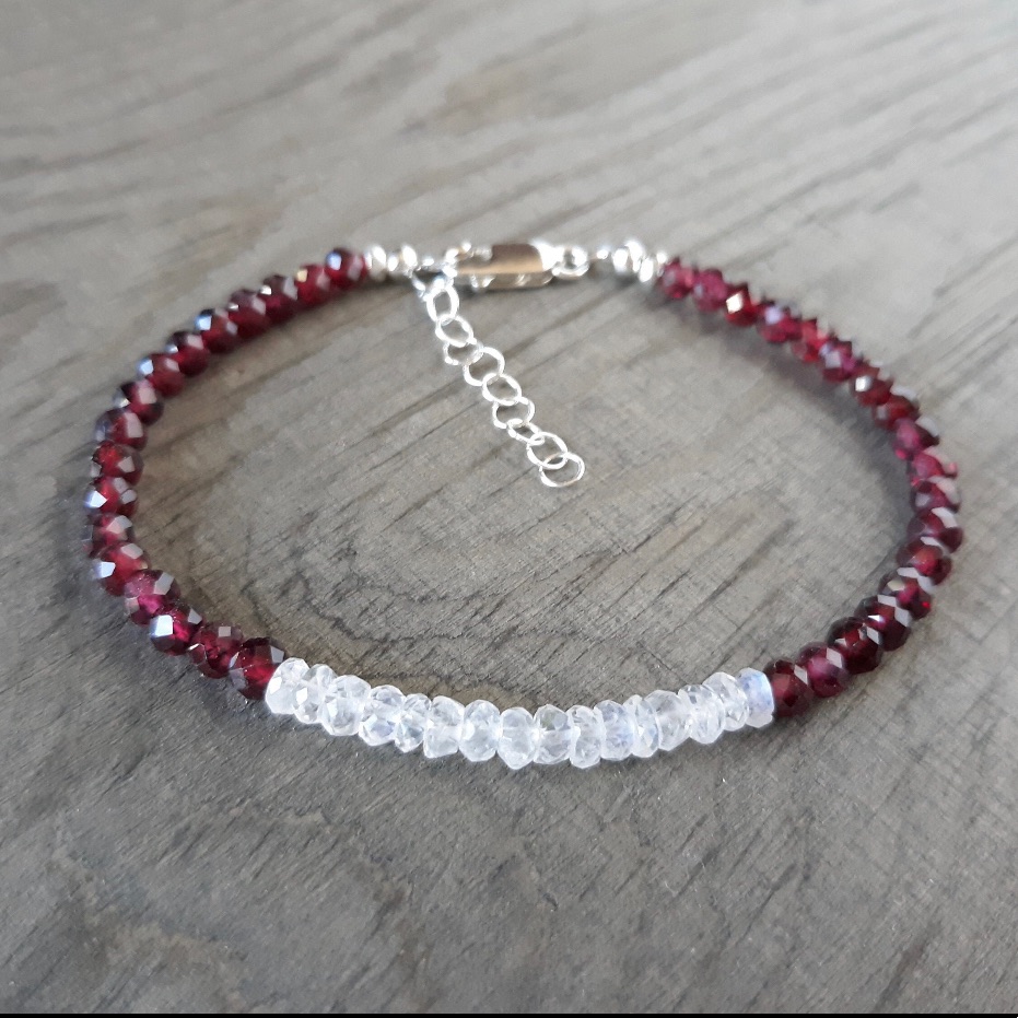 Moonstone And Garnet Bracelet Handmade Beaded Bracelet In Sterling Silver 52$